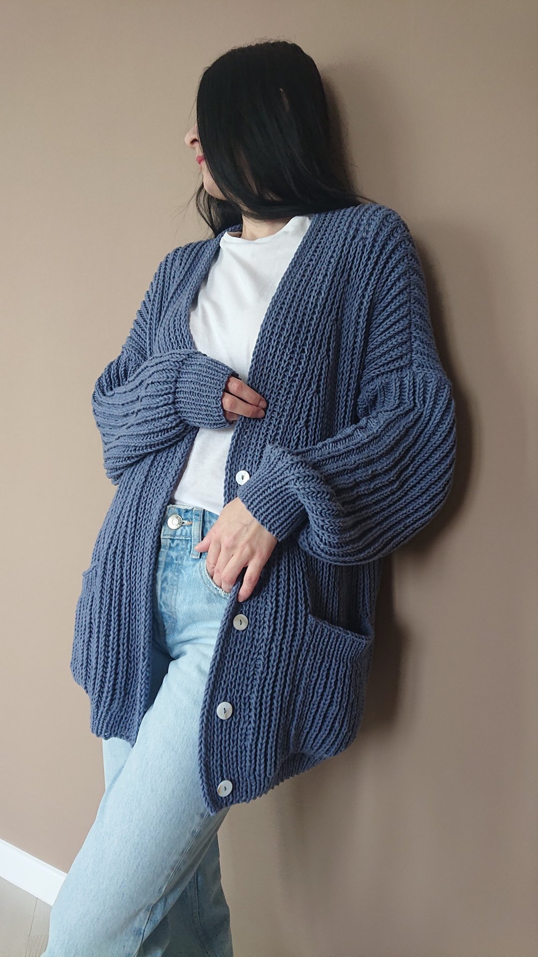 Loose cardigan with pockets Chunky knit sweater jacket Cotton knit coat blue 2XL - 女装针织衫/毛衣 - 棉 