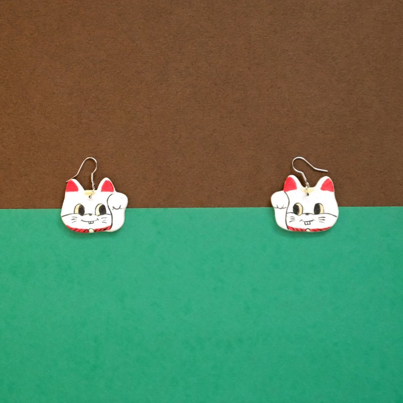 大头招财猫耳环 - 耳环/耳夹 - 陶 红色