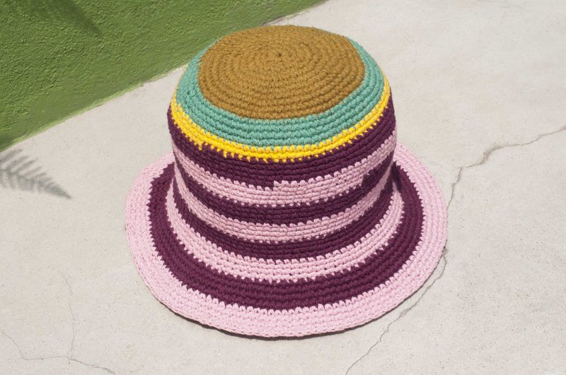 七夕礼物 限量一件 大地森林风拼接手织棉麻帽 / 渔夫帽 / 遮阳帽 / 拼布帽 / 手工帽 / 手工钩织帽 / 手工编织 - 原味的夏天 兰姆葡萄 条纹棉麻帽 - 帽子 - 棉．麻 多色