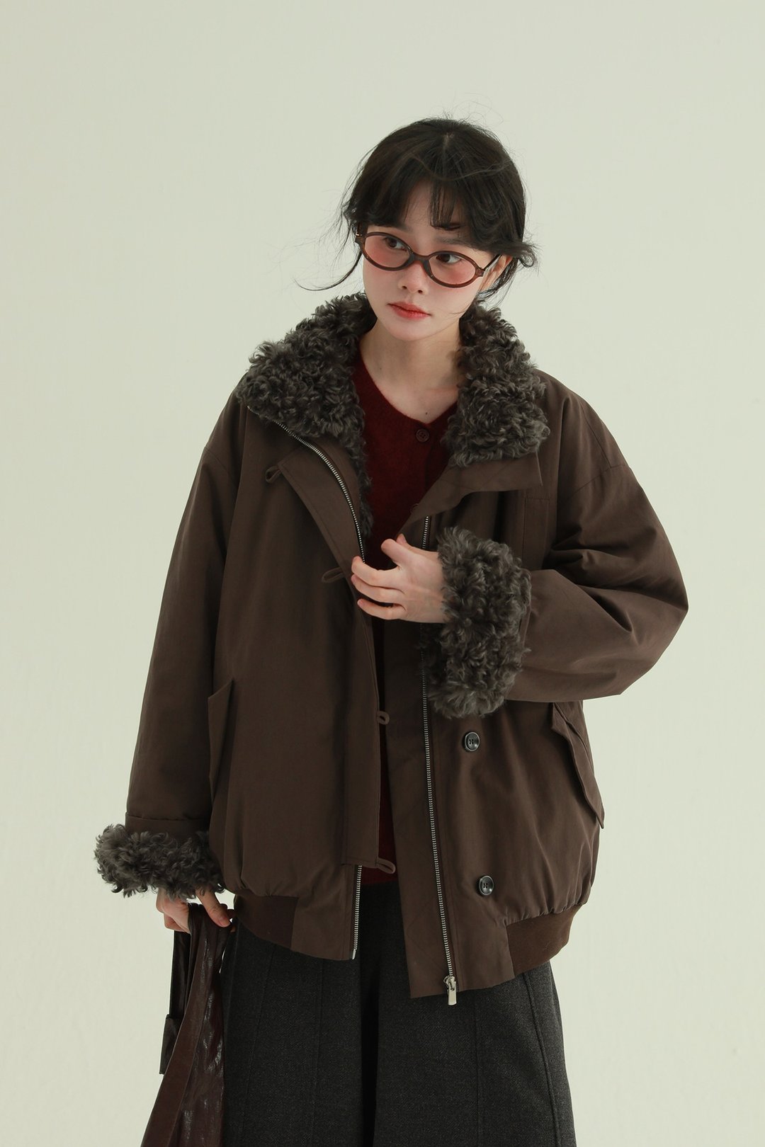 咖啡色 雪夜暖棕 立領卷毛內裡休閒棉服 日系文藝休閒減齡外套 - 女装休闲/机能外套 - 其他人造纤维 咖啡色