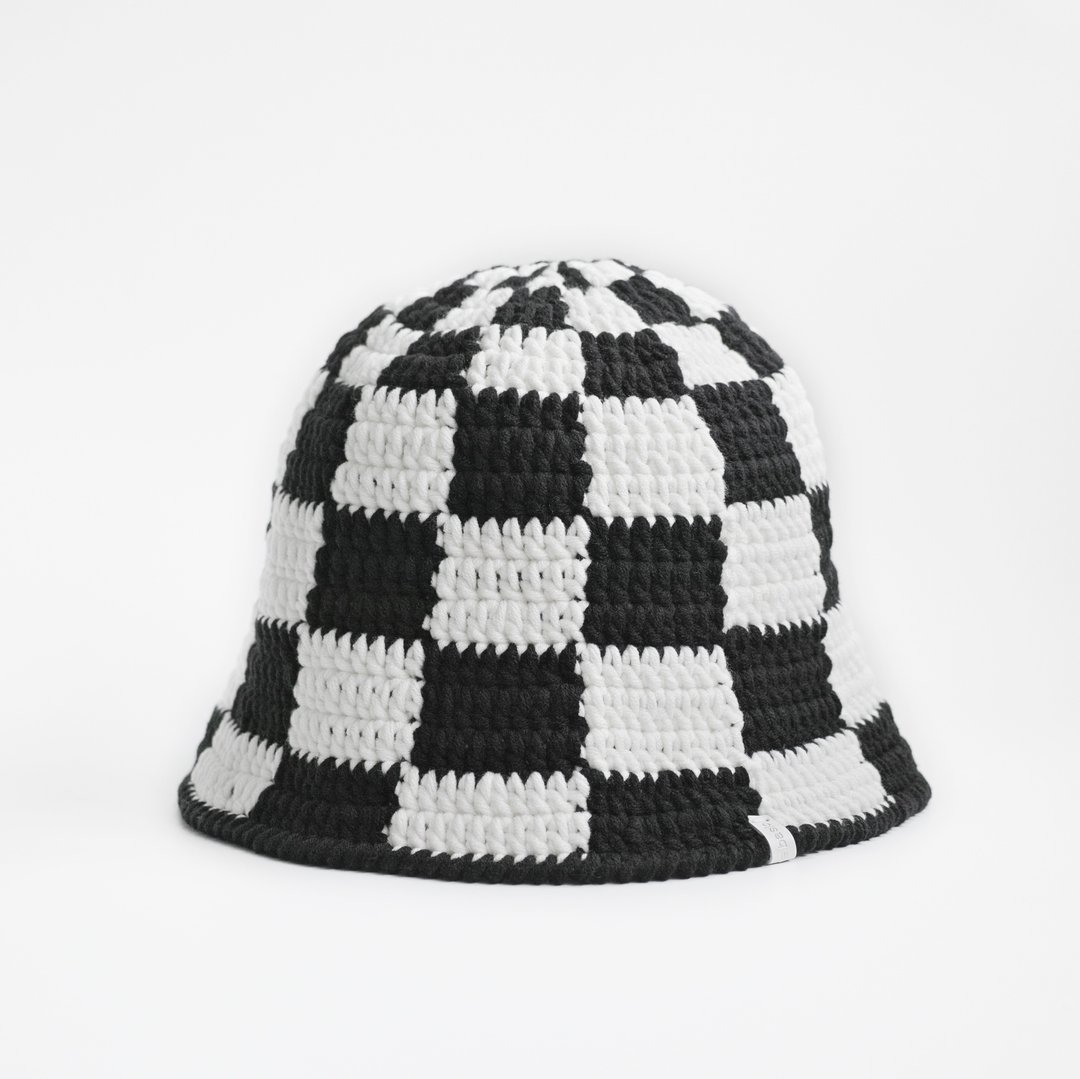 cloche-checker 钟形帽-黑白棋盘格 - 帽子 - 棉．麻 黑色