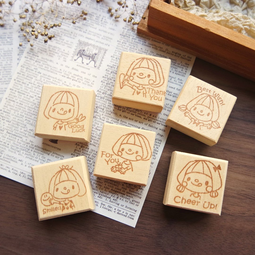 印章 / 西瓜头女孩 / 六入一组 - 印章/印台 - 塑料 橘色