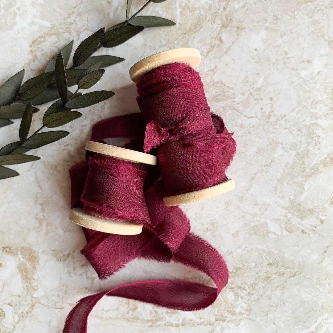 Wine Silk Ribbon / Hand Dyed Silk ribbon on Wood Spool - 包装材料 - 丝．绢 红色