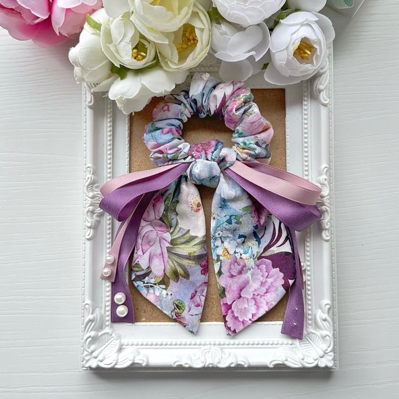 棉布长尾蝴蝶结发圈大肠圈发饰-复古紫红色系花朵 - 发饰 - 其他材质 紫色