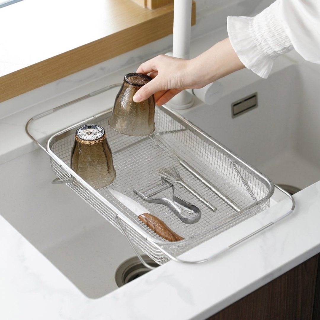 日本霜山 304 不锈钢水槽用伸缩式蔬果/餐具沥水篮 - 大 - 盘子/餐盘/盘架 - 不锈钢 银色