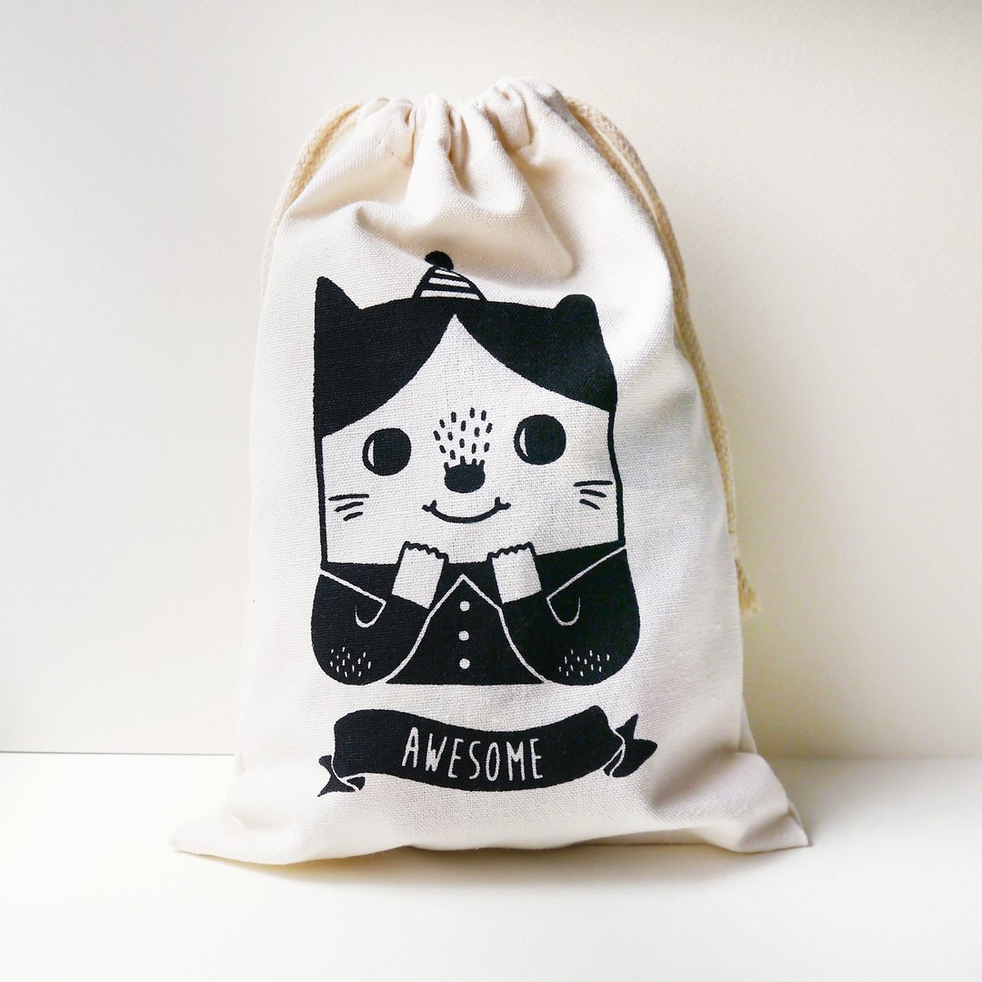 Awesome Cat 棒棒猫丝印帆布束口袋 礼品布袋 - 化妆包/杂物包 - 棉 白色