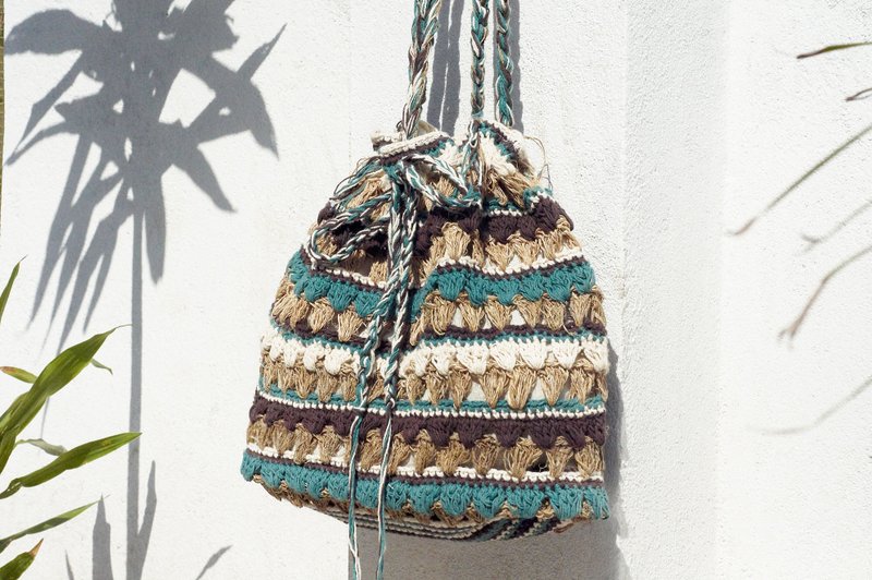 情人节 限量一件手织棉线钩织侧背包 / 肩背包 / 手编包 / 斜背包 / 编织包 / 钩织包 / 棉麻包 / 购物袋 - 大地色系 纯棉麻条纹编织包 - 侧背包/斜挎包 - 棉．麻 多色
