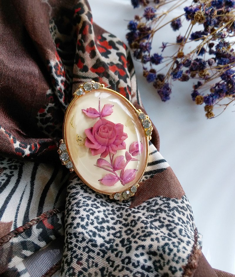 【西洋古董饰品】透明 花卉粉玫瑰 围巾夹 丝巾扣 丝巾夹 - 其他 - 其他金属 金色