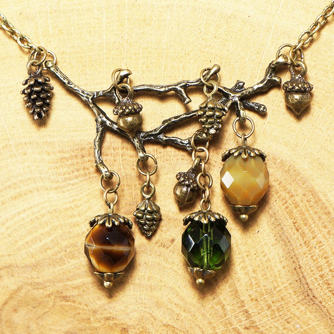 Green Brown Beige Glass Bronze Acorn Branch Pine Cone Pendant Necklace Jewelry - 项链 - 玻璃 卡其色