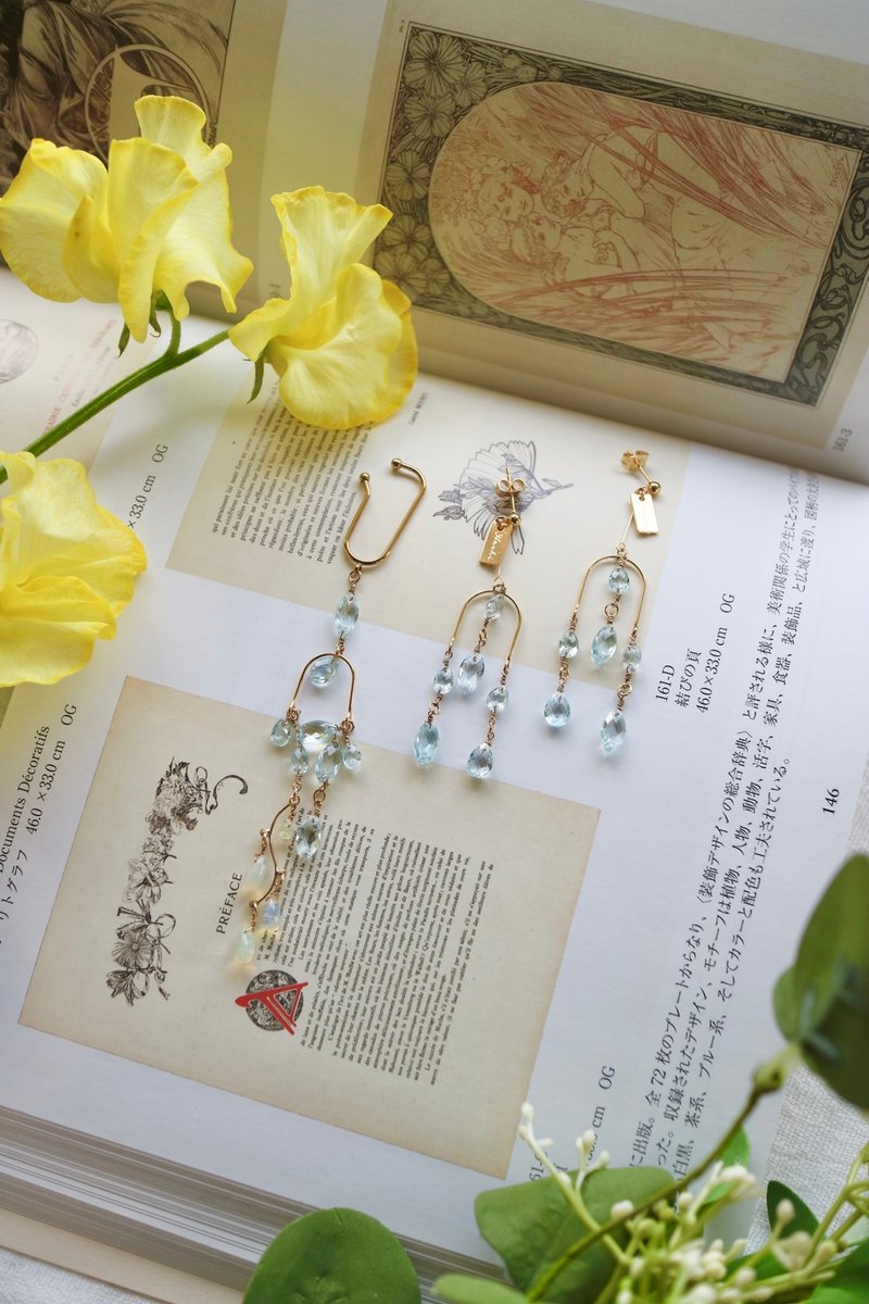 春日天秤 托帕石 欧泊 耳环 耳夹 耳饰 - 耳环/耳夹 - 半宝石 蓝色