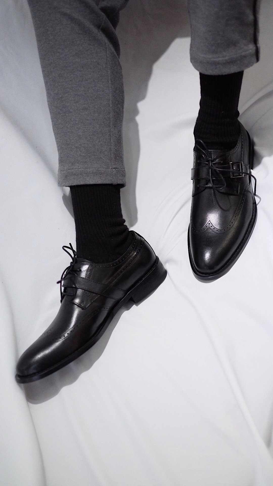 A006-black-wingtips - 男款休闲鞋 - 真皮 黑色