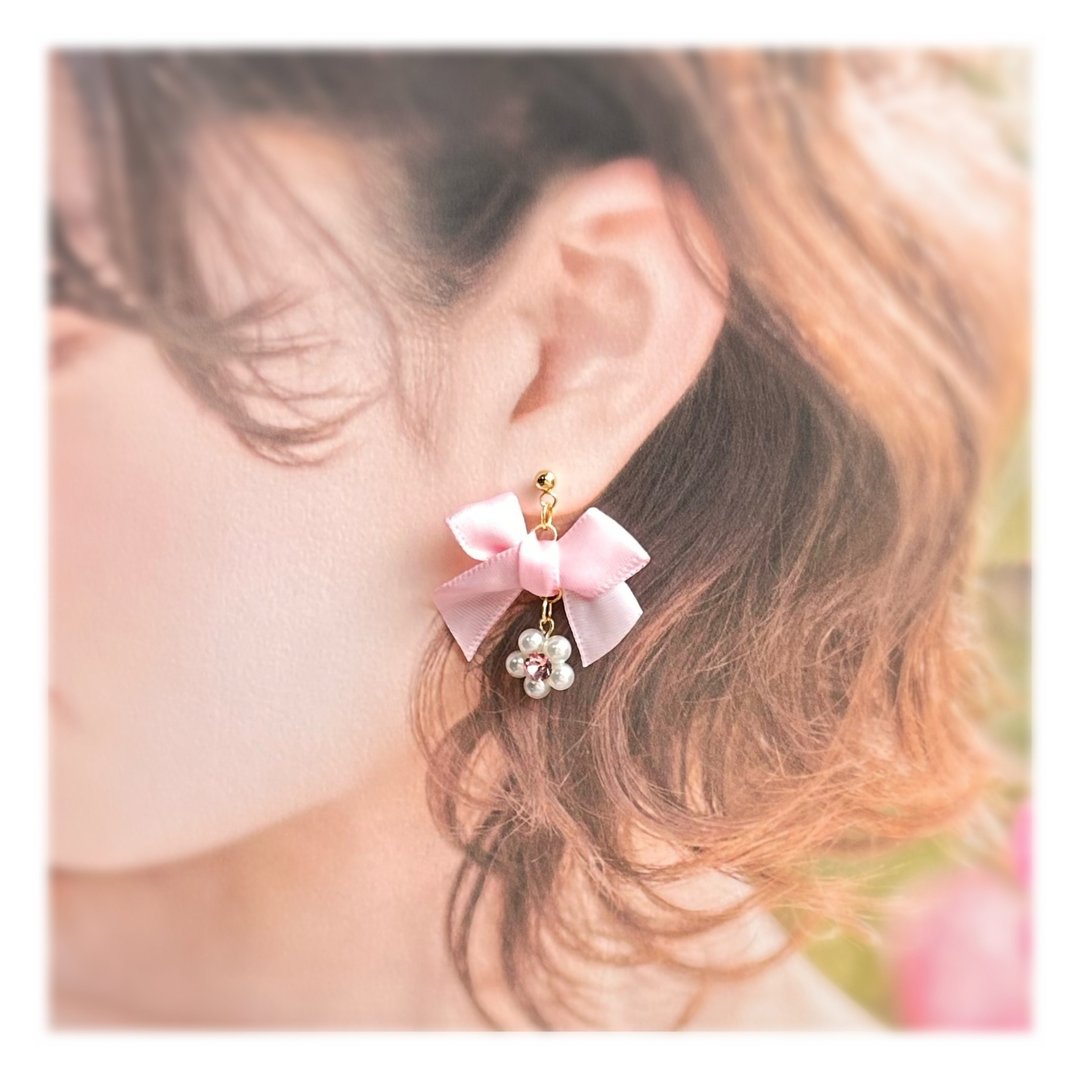 Princess Earrings Pink Ribbon and Pearl Flower - 耳环/耳夹 - 其他材质 粉红色