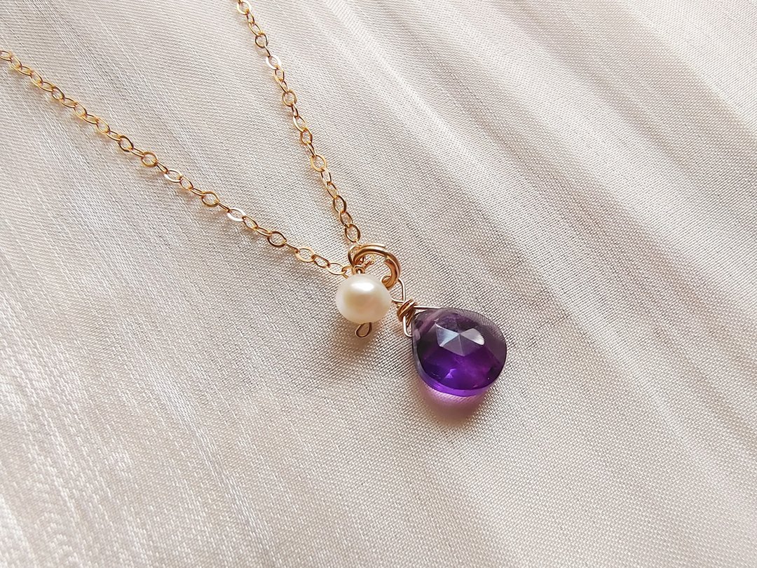 AAA 紫水晶 珍珠 项链 Amethyst 事业运 锁骨链 - 项链 - 水晶 紫色