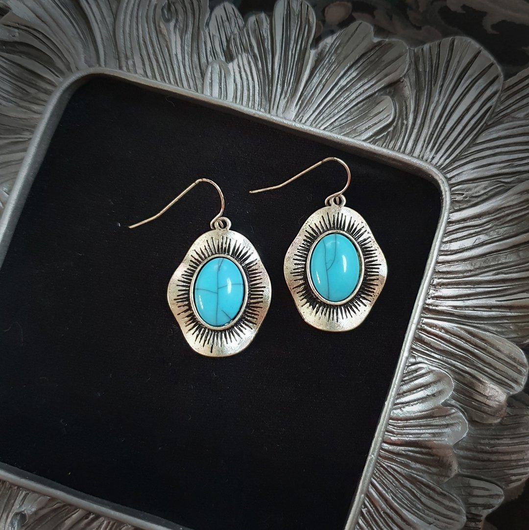 古董耳环 | 银边镶嵌绿松石纹 | CBB005 - 耳环/耳夹 - 其他材质 绿色