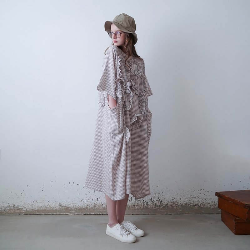 卡其格子连身裙 - imakokoni - 洋装/连衣裙 - 棉．麻 卡其色