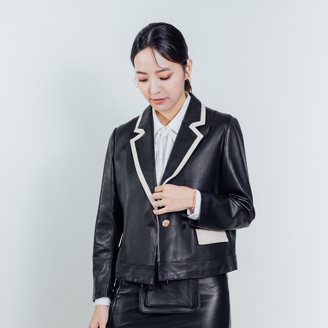 AVVJOY | 镶边西装皮外套合身长袖黑色 - 女装西装外套/风衣 - 其他材质 黑色