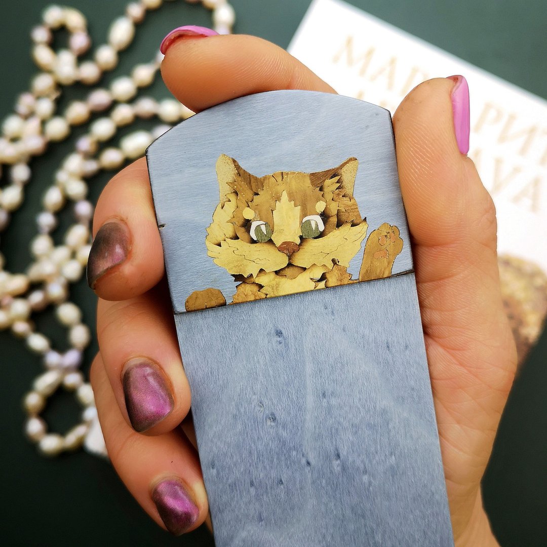 Wooden bookmark with cat inlay, cat lover gift, gift for booklover - 书签 - 木头 多色