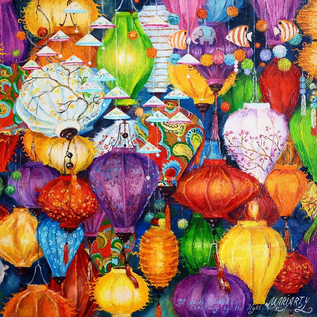 Chinoiserie chinese silk lantern original oil painting, buddist light, Japanese - 插画/绘画/写字 - 环保材料 多色
