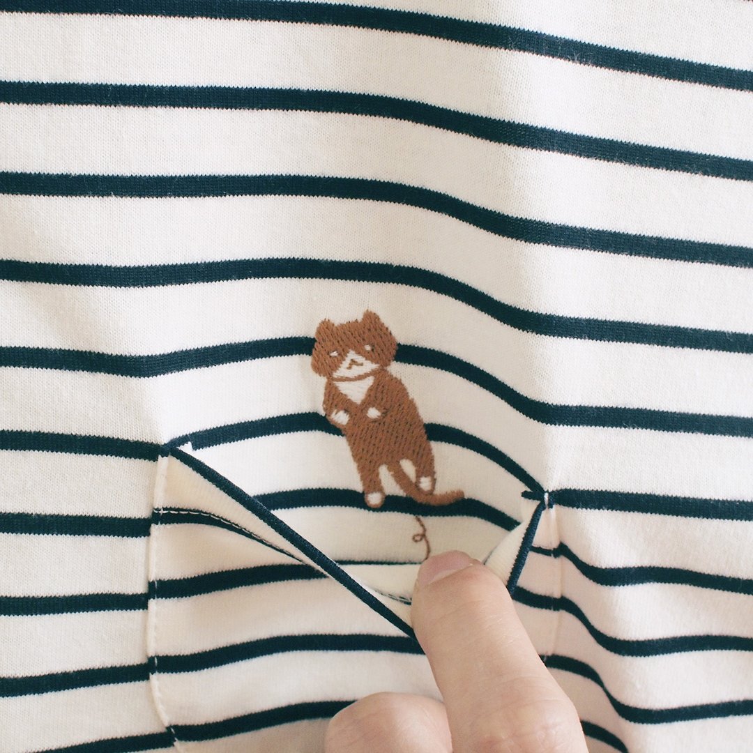 jumping cat striped t-shirt : off-white × navy - 女装 T 恤 - 聚酯纤维 蓝色