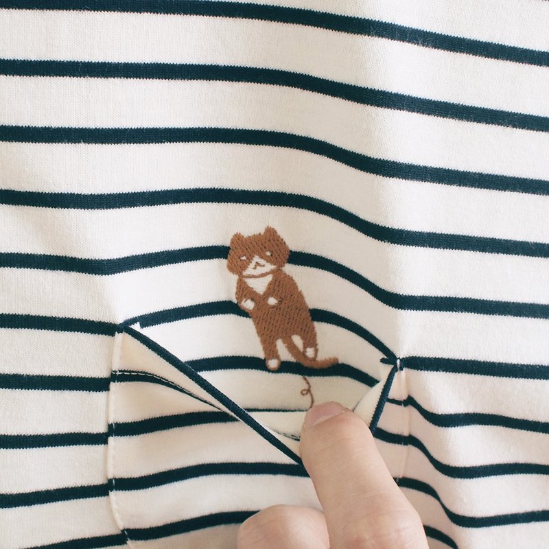 jumping cat striped t-shirt : off-white × navy - 女装 T 恤 - 聚酯纤维 蓝色