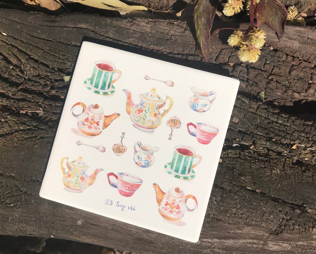 Yea time 英式下午茶时间手绘陶瓷吸水杯垫 - 杯垫 - 陶 白色