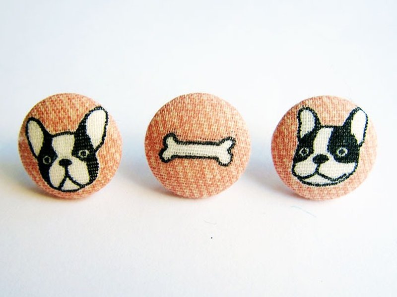 布扣耳环 Mix & Match 法斗骨头混搭 可做夹式耳环 - 耳环/耳夹 - 棉．麻 粉红色