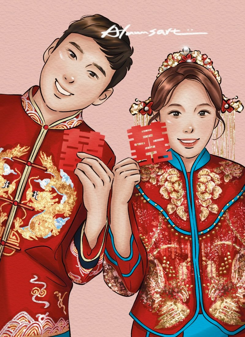 【阿路似颜绘】韩系婚纱龙凤挂 电子档 下单前请先与设计师讨论喔 - 电子手绘真人画像/绘画/插画 - 其他材质 多色