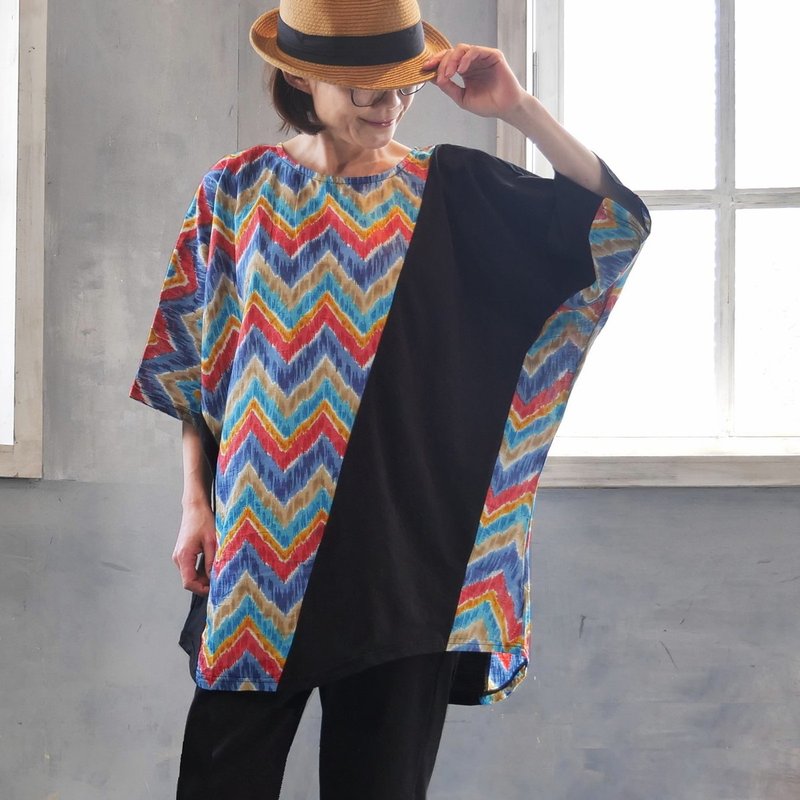 锯齿纹・拼接・宽松落肩袖・长版上衣・T恤・不对称剪裁・ d-tp004 - 女装上衣 - 棉．麻 多色