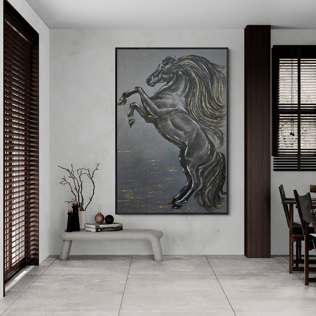 大型抽象黑马油画布原画 - 墙贴/壁贴 - 棉 灰色