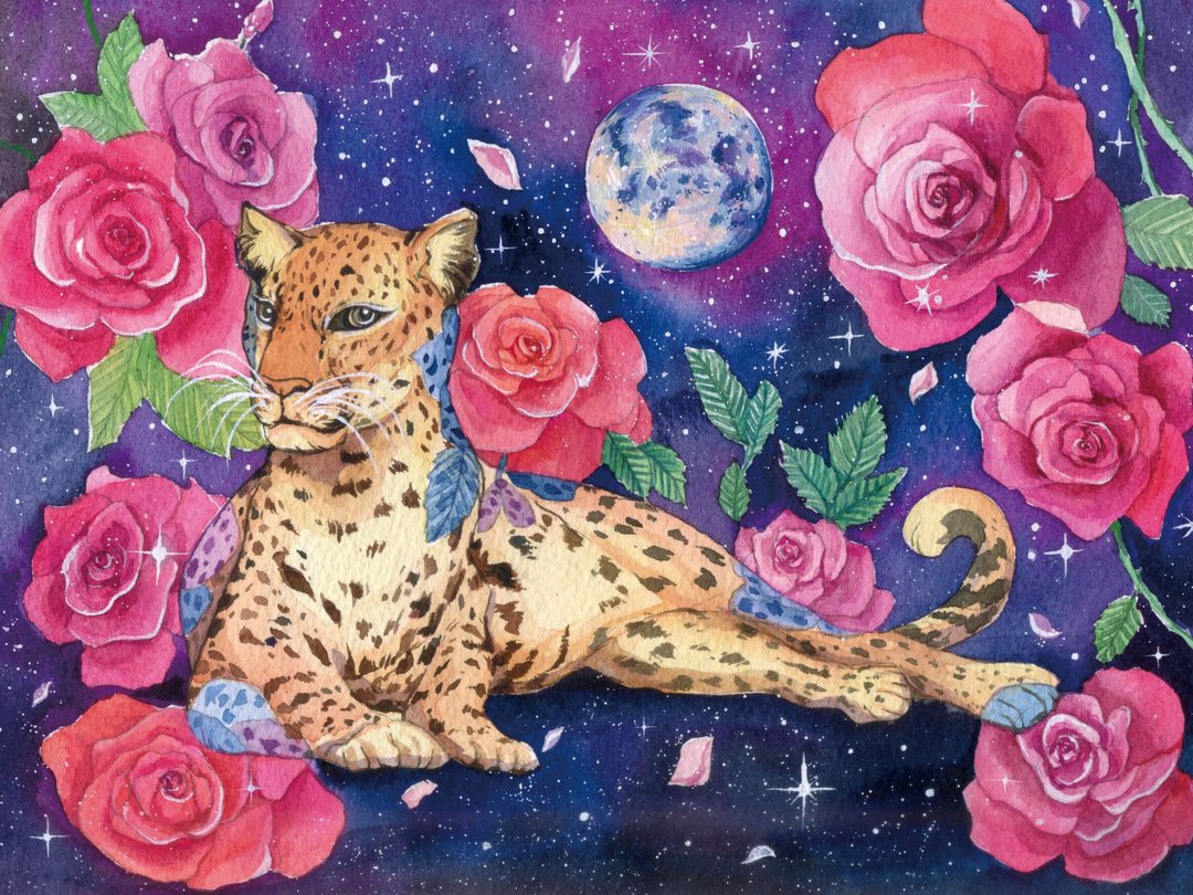 满月玫瑰花豹-原创水彩手绘艺术画作/艺术挂画/精致居家装饰 - 海报/装饰画/版画 - 纸 红色