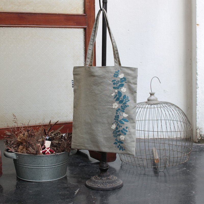 花卉刺绣课程托特包 - 手提包/手提袋 - 棉．麻 灰色