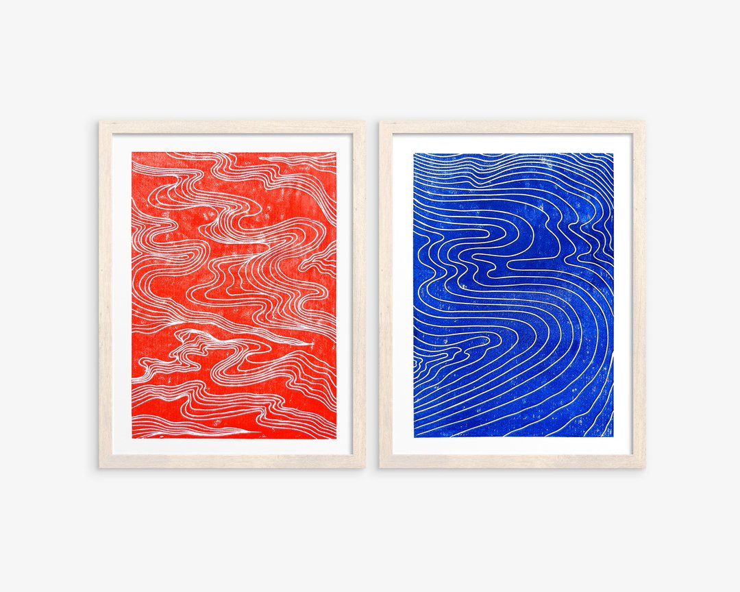 画廊墙 2 件套日本抽象红云蓝海 Linocut 版画艺术 - 海报/装饰画/版画 - 纸 蓝色