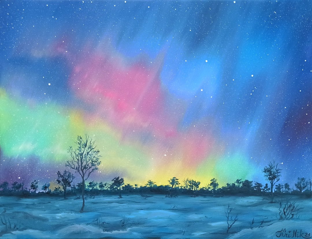 Northern Lights Painting Starry Night Canvas Oil Painting Sky Original Art - 海报/装饰画/版画 - 其他材质 多色