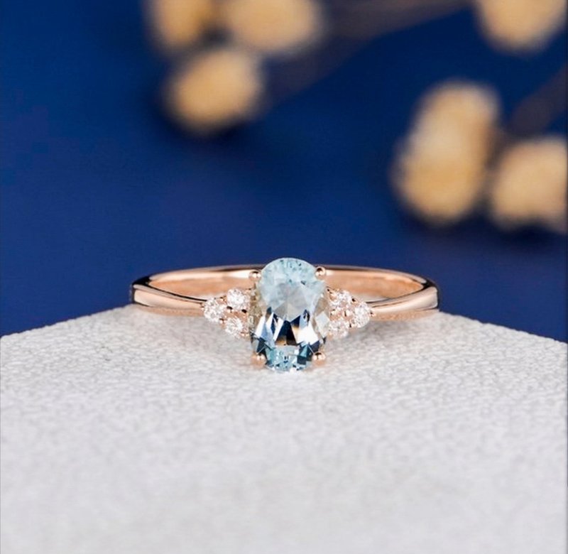 椭圆海蓝宝石戒指，订婚戒指，金戒指，手工戒指，女生戒指 - 戒指 - 其他材质 多色
