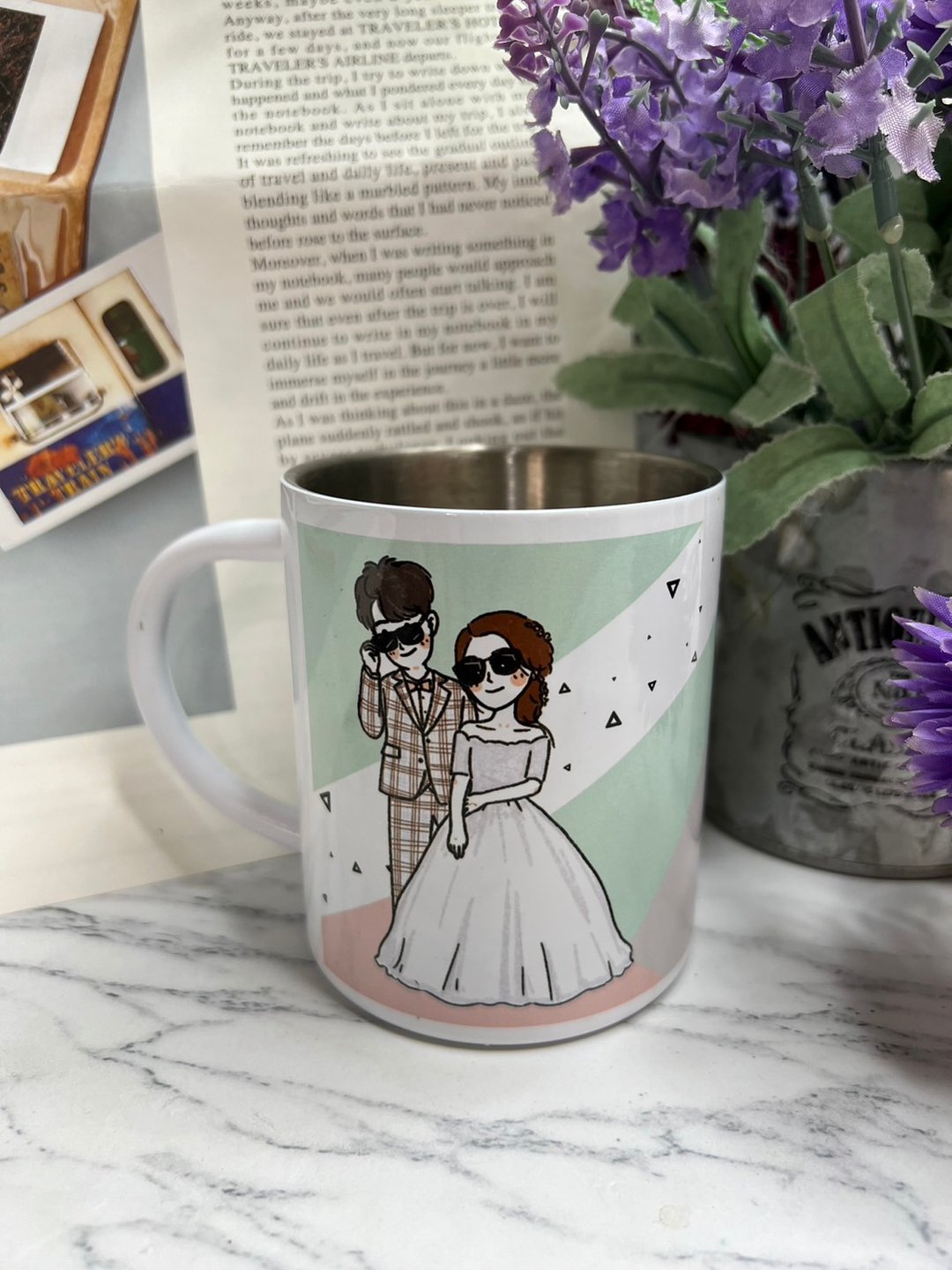 婚纱手绘钢杯 露营风纪念马克杯 定制插画对杯 户外自然浪漫纪录 - 其他杯子 - 其他金属 粉红色