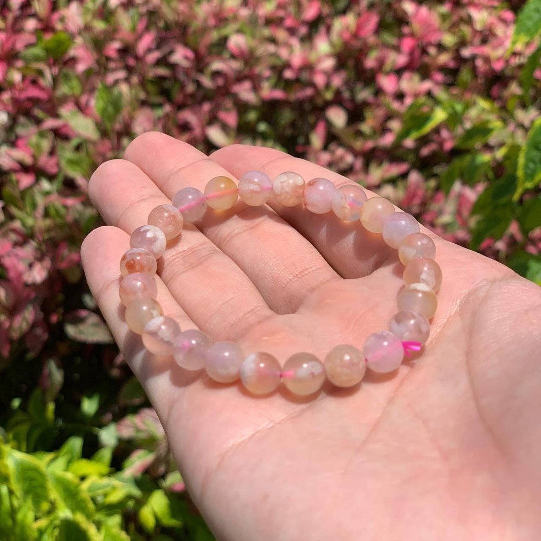 樱花玛瑙 水晶手链 8mm - 手链/手环 - 水晶 粉红色