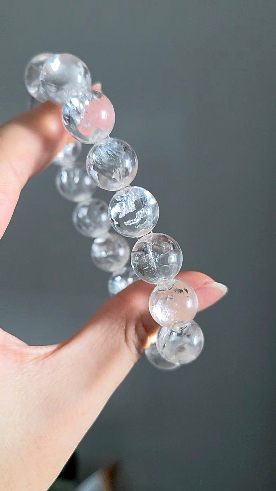 精品 稀有矿彩虹白胶花 牛鼻孔12MM水晶手链 招财 能量保护自信心 - 手链/手环 - 水晶 透明
