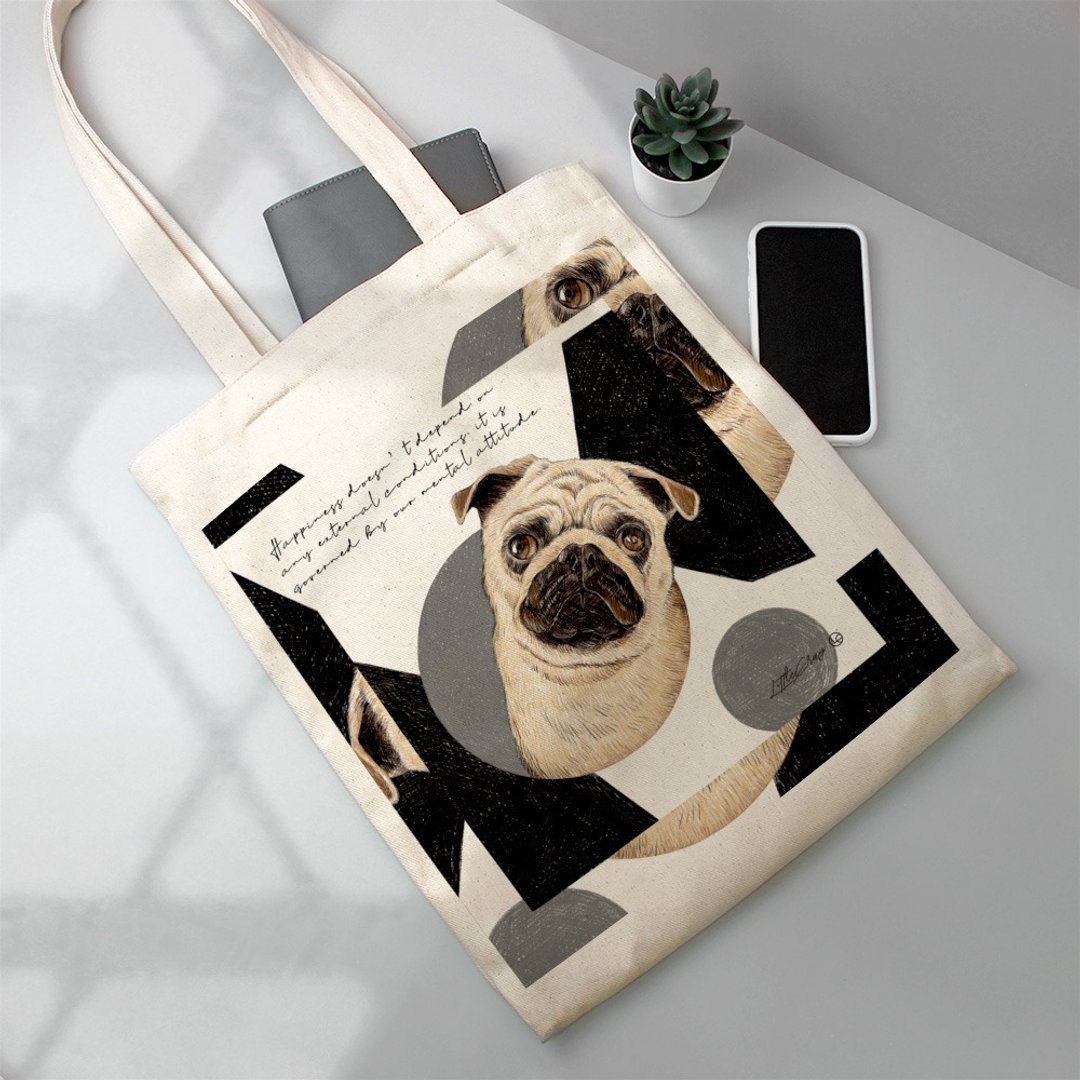 插画金句棉帆提袋/大提袋/可装A4 _ 巴哥犬款 - 手提包/手提袋 - 棉 灰色