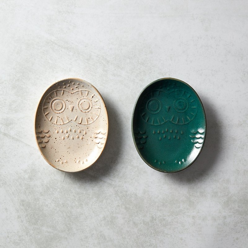 石丸波佐见烧 - 淘气猫头鹰小皿 (法式酱.罗勒) - 2件组 - 浅碟/小碟子 - 陶 绿色