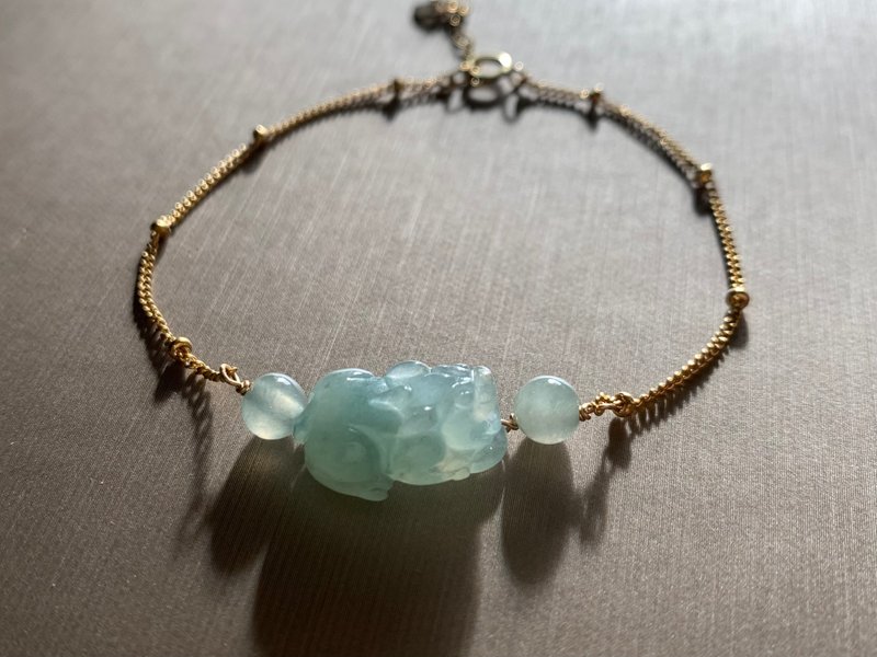 快速出货 免费开光 天然A货缅甸玉翡翠招财貔貅手链 冰糯种油青14 - 手链/手环 - 玉石 绿色