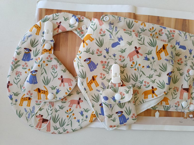 【5日内出货】小狗 弥月礼物 婴儿围兜 背带口水巾 平安符袋 - 满月礼盒 - 棉．麻 多色