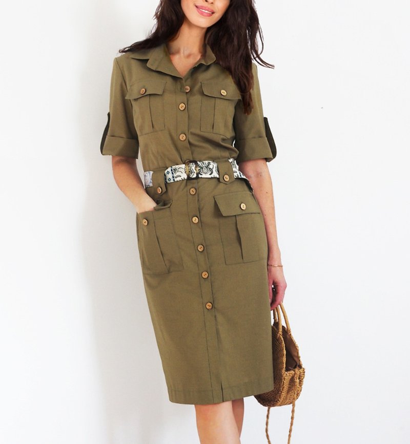 狩猎衬衫连身裙 / 绿色卡其色 + 任何颜色连身裙 / 带口袋夏季连 - 洋装/连衣裙 - 其他材质 卡其色