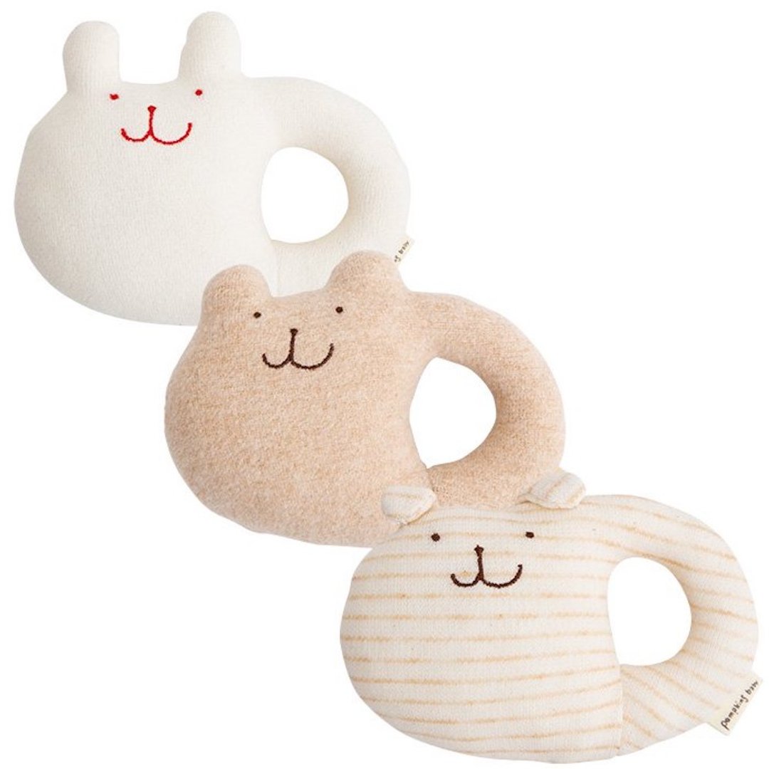 Y-1026 100% Organic Cotton Rattle Rabbit with Bells Rabbit Bear Bear Dog Made in Japan - 婴儿饰品 - 棉 咖啡色