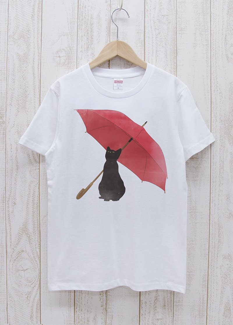 Rainy black cat Tee White / R039-T-WH - 中性连帽卫衣/T 恤 - 棉．麻 白色