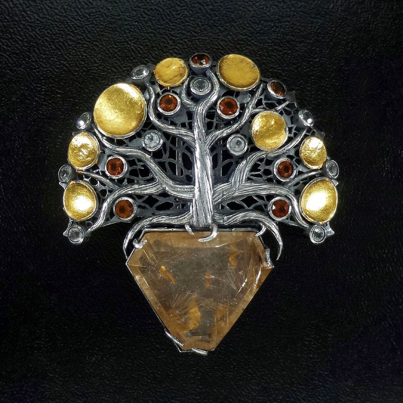 金丝钛晶 925纯银胸针吊坠 - 金箔烧赋工艺 镂空设计 - 生命之树 - 胸针 - 宝石 金色
