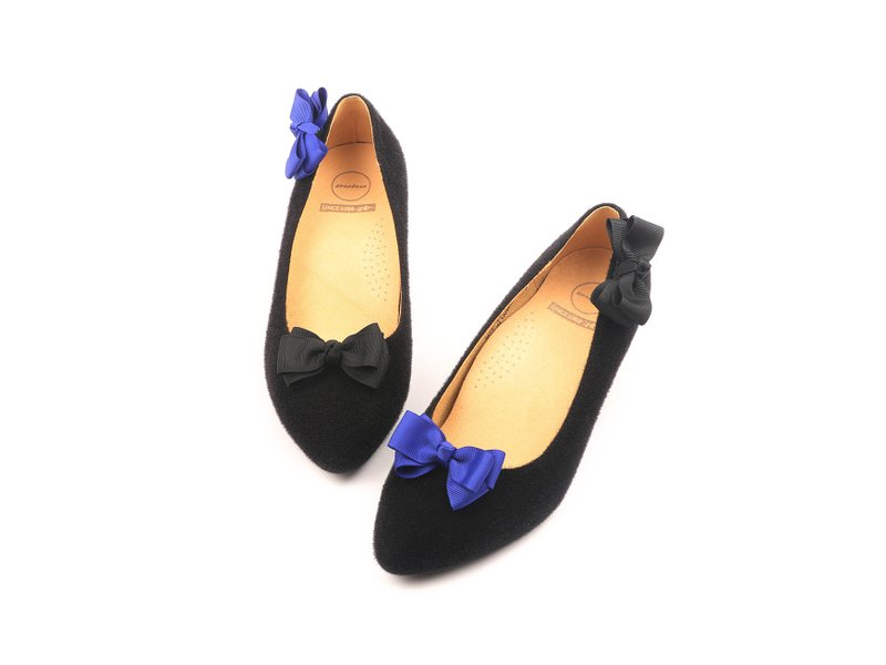 MIT【 巧致 蝴蝶结魔鬼毡跟鞋-黑/宝蓝】自由黏贴 多变趣味 - 高跟鞋 - 其他人造纤维 黑色