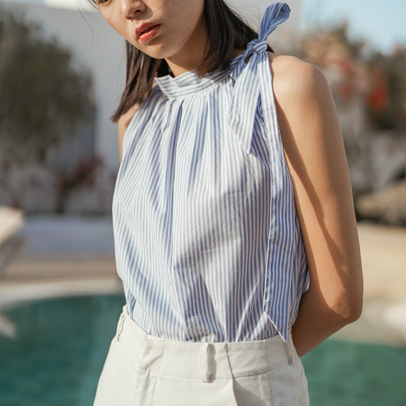 习习 | 蓝白条纹 纯棉露肩系带打结上衣背心  法式优雅夏日风情 - 女装上衣 - 棉．麻 蓝色