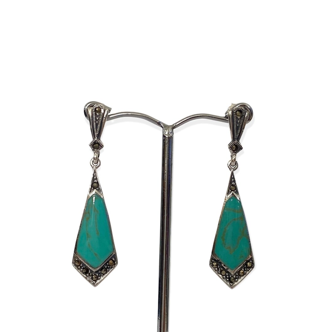 Art Deco Style Triangle Drop Earrings / Set Turquoise&amp;Stone 925 Sterling Silver - 耳环/耳夹 - 纯银 绿色