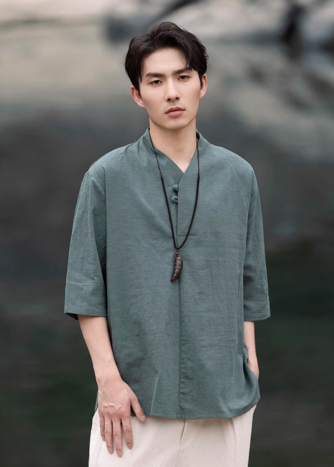 此刻如诗 中国风v领短袖衬衫 - 男装衬衫 - 其他材质 多色