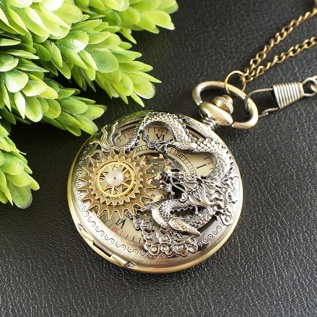 Mechanical Pocket Watch Pendant Steampunk Dragon Necklace Jewelry Accessory Gift - 男表/中性表 - 其他金属 金色